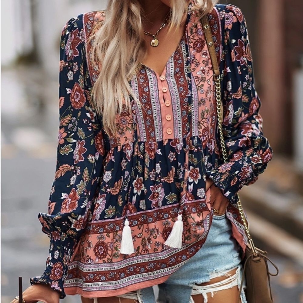 Ditsy Navy Floral Print Long Sleeve Baby Doll Smock Top Tunic Blouse Hippie - Picture 2 of 4